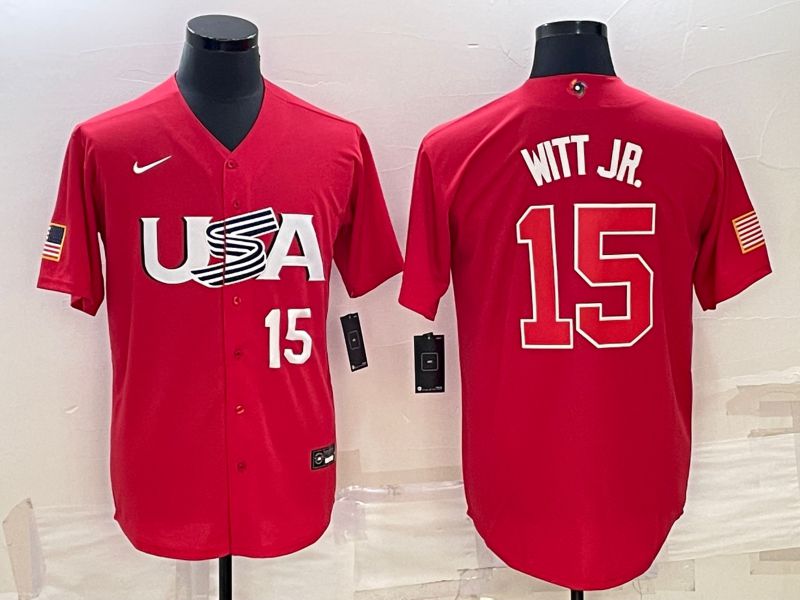 Men 2023 World Cub USA 15 Witt jr Red Nike MLB Jersey6